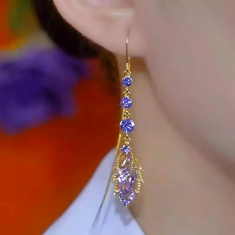 Elegant Purple Crystal Maple Leaf Long Tassel Ear Wire for Women New Fashion Exquisite Temperament Ladies Wedding Party